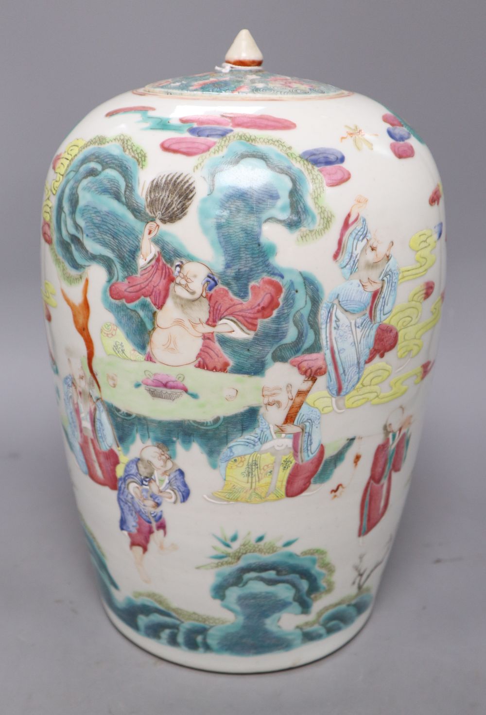 A 19th century Chinese famille rose eight immortals jar and cover